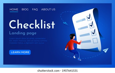 People fly around paper checklist. Manager or test review concept. Landing page website template. Vector illustration