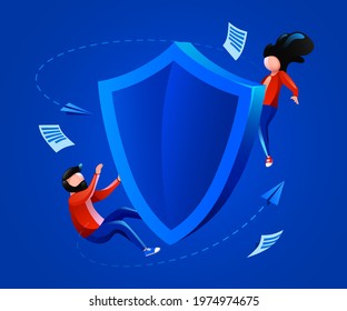 People fly around shield. Security, protection or confidentiality concept. Vector illustration