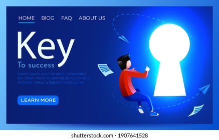 People fly around shiny keyhole. Opportunity, solution or key to success concept. Landing page website template. Vector illustration