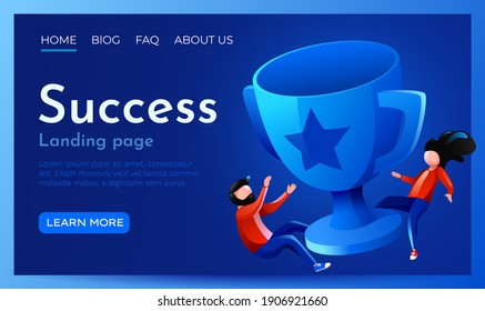 People fly around trophy cup. Victory, success and leadership concept. Landing page website template. Vector illustration