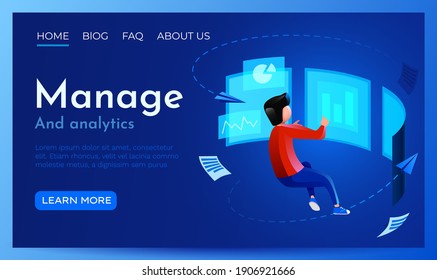 People fly around virtual monitor. Analyzing digital data, virtual reality and financial management.  Landing page website template. Vector illustration