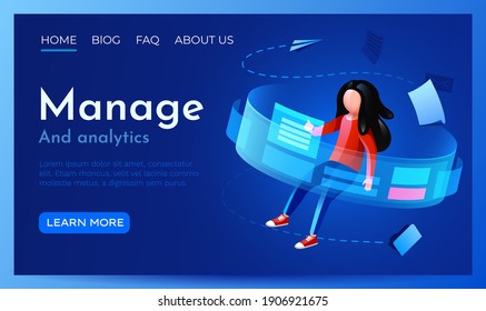 People fly around virtual monitor. Analyzing digital data, virtual reality and financial management.  Landing page website template. Vector illustration