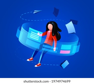 People fly around virtual monitor. Analyzing digital data, virtual reality and financial management. Vector illustration