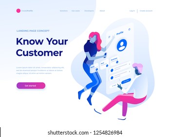 People fly and build a customer profile in a mobile application. Data analysis and office situations. Isometric vector illustration. Landing page concept.