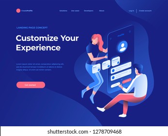 People fly and build a customer profile in a mobile application on the dark blue backgroung. Data analysis and office situations. Isometric vector illustration. Landing page concept.