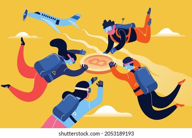 People Fly Down With Bitcoins From Airplane Vector