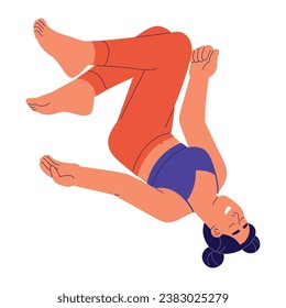 People fly in dream. Young woman free falling in imagination, person relax, meditate in weightlessness. Girl floating upside down in vision. Flat isolated vector illustration on white background.