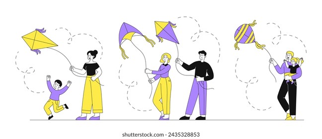 People with fly kite set. Men and women with toys at strings. Father and mother with kid. Entertainment and leisure outdoor. Simple flat vector collection isolated on white background