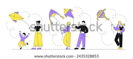 People with fly kite set. Men and women with toys at strings. Father and mother with kid. Entertainment and leisure outdoor. Simple flat vector collection isolated on white background