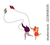 People fly kites in park flat vector illustration. Cartoon character relaxing on picnic. Summer activity and leisure concept