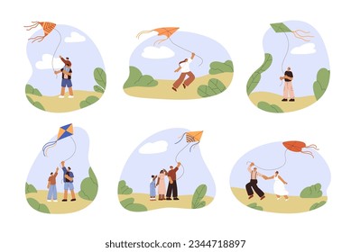 People fly kites set. Happy families with kids, couples playing with flying wind toy in nature. Outdoor leisure activity on summer holiday. Flat vector illustrations isolated on white background