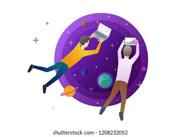 People fly on the internet space. Two man working on the startup project. Modern style vector illustration for landing page, website, banners and presentation.