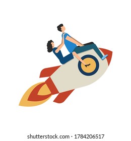 People fly up on a rocket. A man and a woman take off while sitting on a rocket. Vector illustration, flat cartoon design, isolated on white background, eps 10.