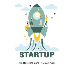 People fly on the rocket. Successful new project Young business. Concept design