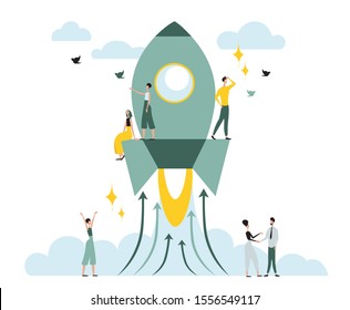 People fly on the rocket. Teamwork on new project. Young business. Concept design