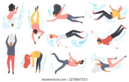 People fly set vector illustration. Cartoon isolated male and female characters flying and floating in air, man and woman falling in different poses, energetic free flight movement collection