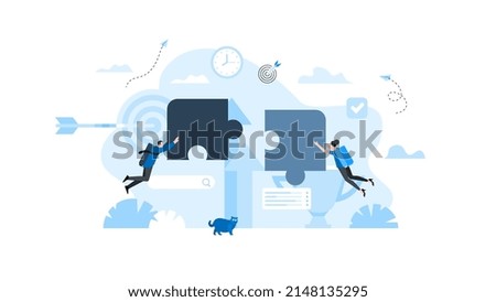 People fly towards each other to connect puzzles. Animation ready duik friendly vector Illustration. Conceptual business story. Puzzle connection, teamwork abstract metaphor, partnership.