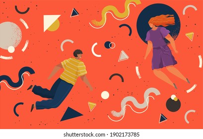 Gente volando en un espacio abstracto imaginario organizando formas geométricas. Joven y mujer reuniendo cifras. Concepto de organización de trabajo en equipo y de creación de equipos. Cooperar y asociación empresarial