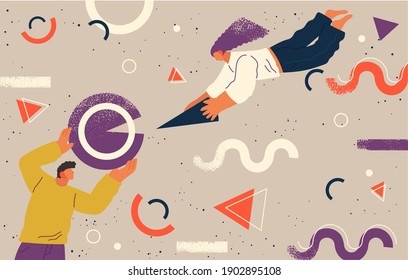 People flying in abstract imaginary space organizing geometric shapes. Group of young men collecting figures. Teamwork and team building organization concept. Coworking and business partnership