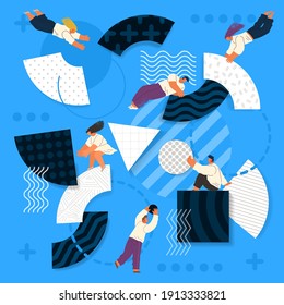 People flying in abstract imaginary space organizing geometric shapes. Young man and woman collecting figures. Teamwork and team building organization concept. Coworking and business partnership