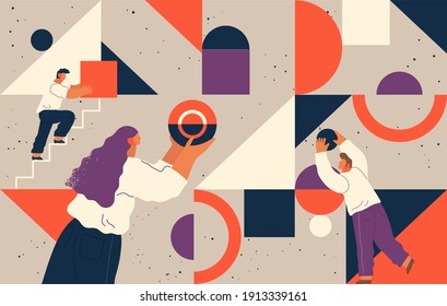 People flying in abstract imaginary space organizing geometric shapes. Group of young men collecting figures. Teamwork and team building organization concept. Coworking and business partnership