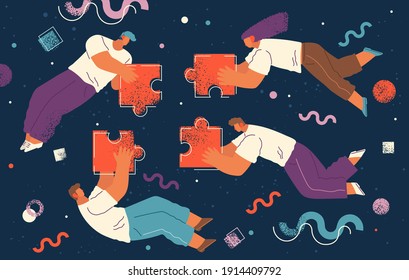 Personas volando en un espacio abstracto imaginario organizando piezas de rompecabezas y diferentes formas geométricas. Grupo de hombres y mujeres jóvenes que reúnen cifras. Concepto de organización del trabajo en equipo