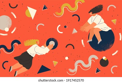 Gente volando en un espacio abstracto imaginario organizando formas geométricas. Grupo de mujeres jóvenes recolectando cifras. Concepto de organización de trabajo en equipo y de creación de equipos. Cooperar y asociación empresarial