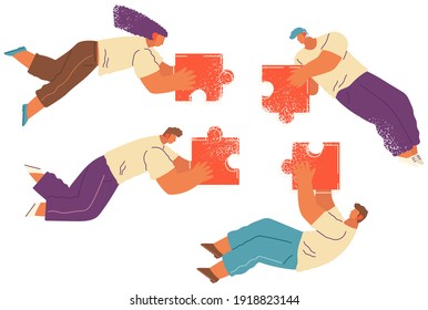 People flying in abstract imaginary space organizing puzzle pieces isolated on white background. Group of young men and women collecting figures. Teamwork and team building organization concept