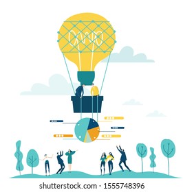 People flying with the air balloon over the growth charts. 