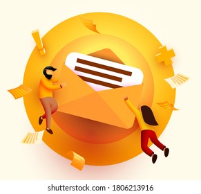 People flying around big mail letter. Email messaging concept. Landing page, banner or flyer template. Vector illustration
