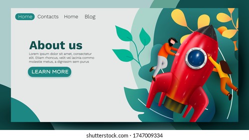 People flying around big rocket. Startup and starting business concept. Web page, banner, presentation. Business project startup process, idea through planning. Vector illustration