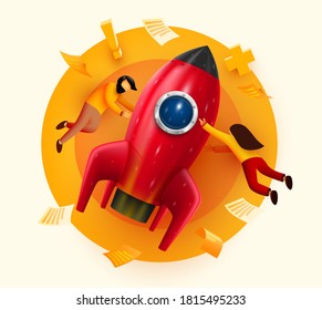 Menschen, die um eine große Rakete fliegen. Start- und Unternehmenskonzept Webseite, Banner, Präsentation. Start von Geschäftsprojekten, Idee durch Planung. Vektorgrafik