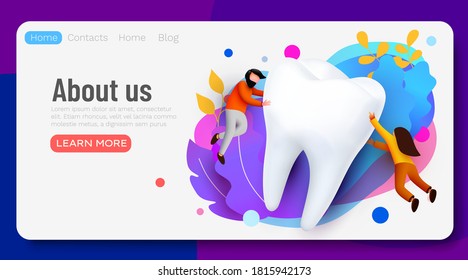 People flying around big tooth. Dental clinic. Teeth care. Web page, banner, presentation. Online survey with characters. Vector illustration