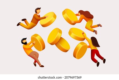 People flying around golden coin. Money saving expert, investment consultation service, personal financial consultant. Vector illustration.