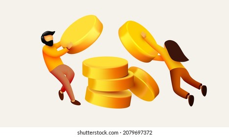 People flying around golden coin. Money saving expert, investment consultation service, personal financial consultant. Vector illustration.