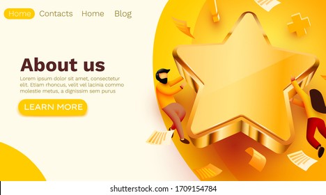 People flying around golden giant star. Rate, quality or feedback concept. Web site template. Modern flat vector illustration.