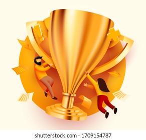 People flying around golden giant champion cup. Winner, teamwork or success concept. Modern flat vector illustration.