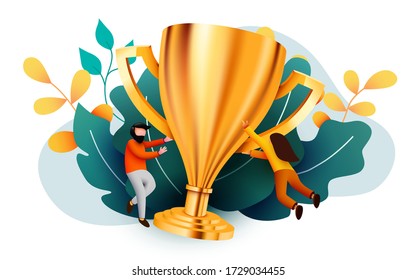 People flying around golden giant champion cup. Winner, teamwork or success concept. Modern flat vector illustration.