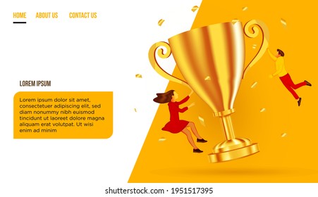 People flying around the golden giant champion cup. Winner, teamwork or success concept. Modern flat vector illustration.