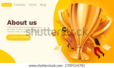 People flying around golden giant champion cup. Winner, teamwork or success concept. Modern flat vector illustration.
