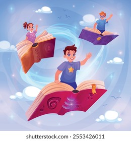 People flying book. Child school literature education or fantasy books abstract imagination limitless inspiration study concept, cartoon student learn swanky vector illustration original artwork