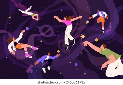 People flying in cosmos, soaring in space in imagination. Men and women look for inspiration, search new creative ideas concept. Characters discover galaxy, explore world. Flat vector illustration