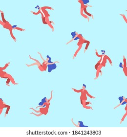 People flying in dreams seamless pattern. Male and female characters in red robes hovering happily against blue background creative movement and jumping happy fantasy vector freedom.