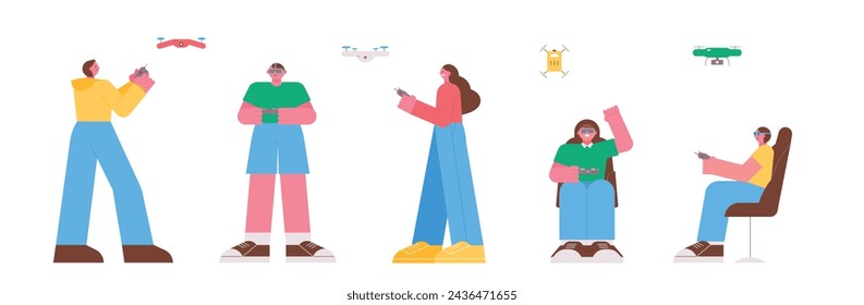 Personas volando drones. ilustración vectorial plana.