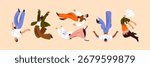 People are flying, falling upside down set. Men and women are jumping, soaring in the sky. Free girls and boys are floating in air. Freedom and inspiration concepts. Flat isolated vector illustrations