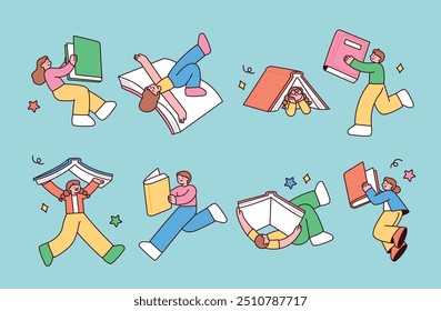 People are flying, floating, and doing fun concept moves while holding large books.