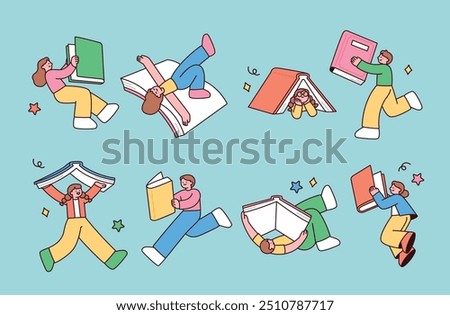 People are flying, floating, and doing fun concept moves while holding large books.