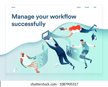 People flying and interacting with graphs and papers. Business and workflow management. Landing page template, 3d isometric vector illustration.