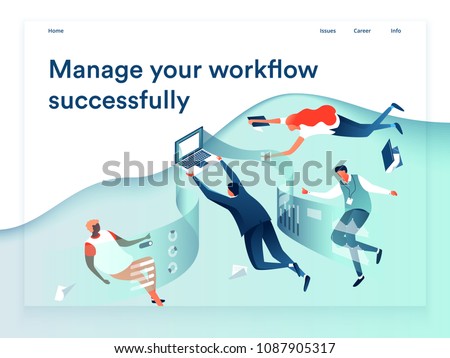 People flying and interacting with graphs and papers. Business and workflow management. Landing page template, 3d isometric vector illustration.