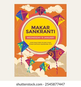 People are flying kites during the Makar Sankranti Festival Celebration at Hindia Poster or Flyer Design